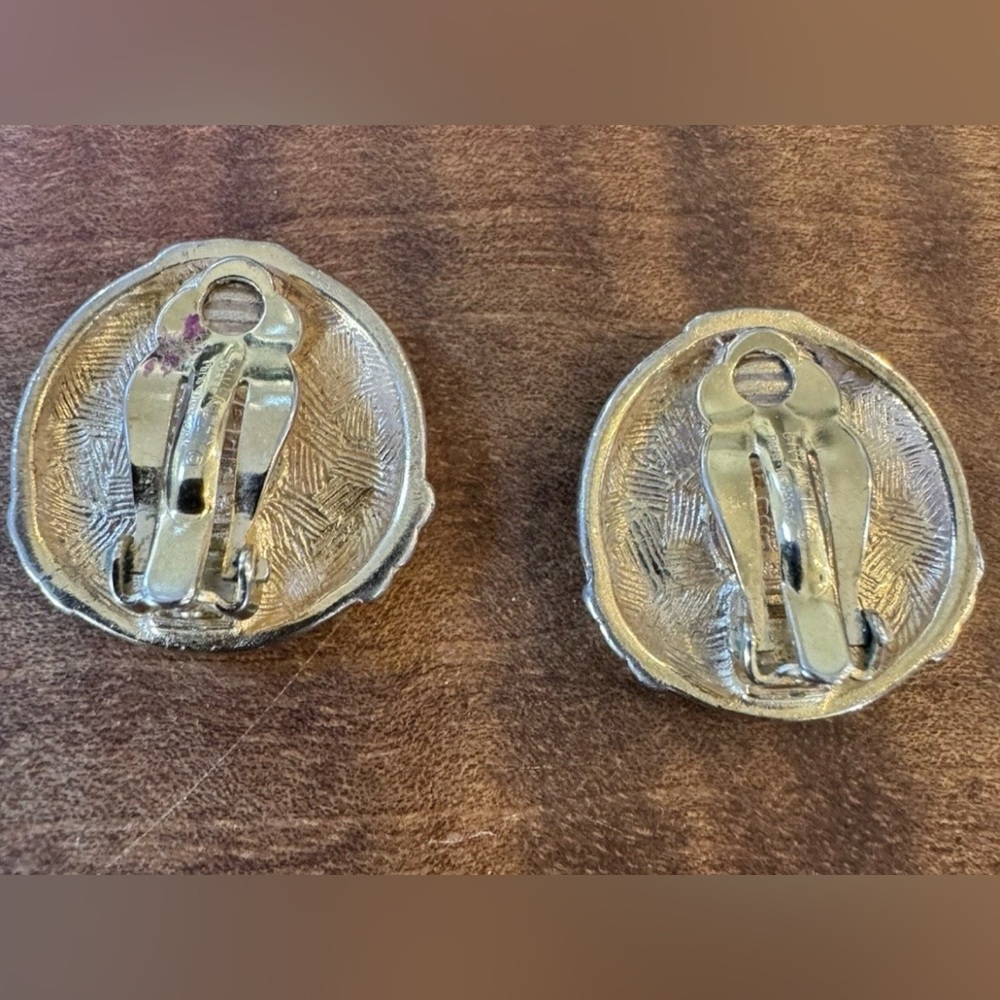 Vintage Givenchy Classic Logo Coin Rhinestone Gray Gold Round Clip-On Earrings - Picture 3 of 3